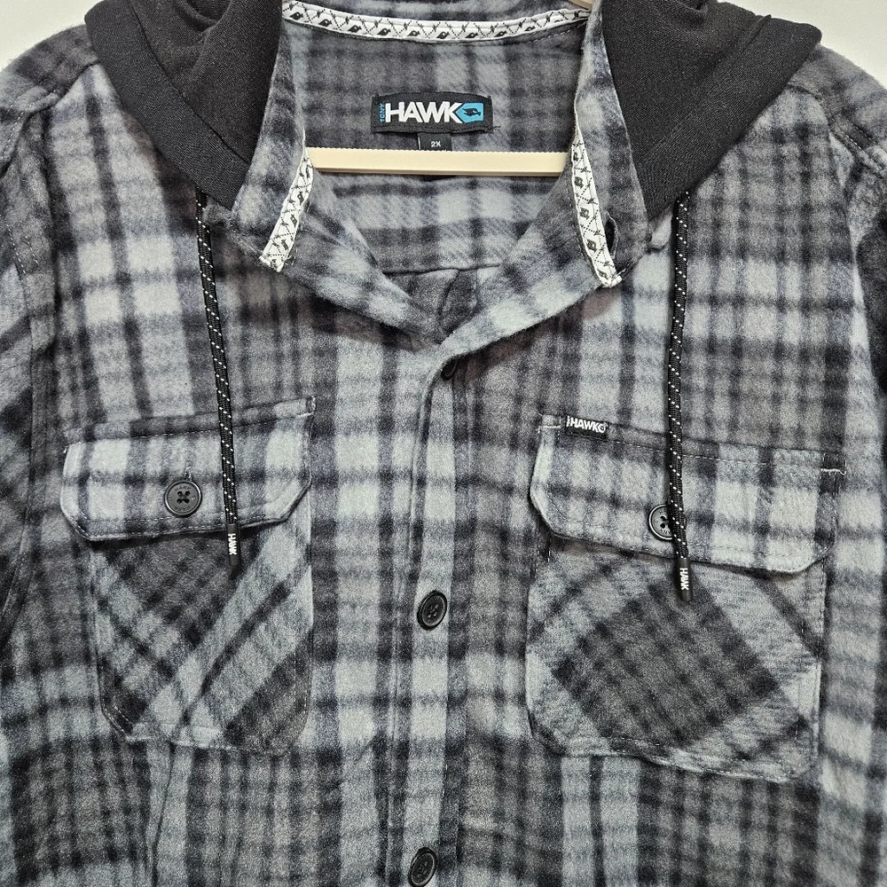 Tony Hawk NWOT Mens‎ Fleece Shirt Jacket Plaid Hooded Cozy Y2K 90s Style Gray 2X